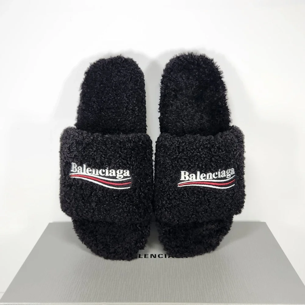 Balenciaga Pool Slide Mens Size 10 Black Shearling Political Campaign Logo